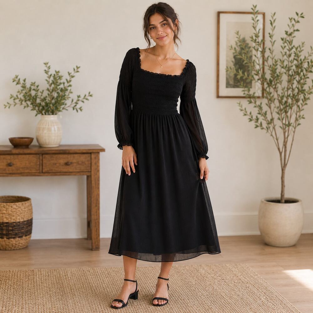 Aritzia Wilfred black stretchy smocked midi dress grunge dark fairy Small